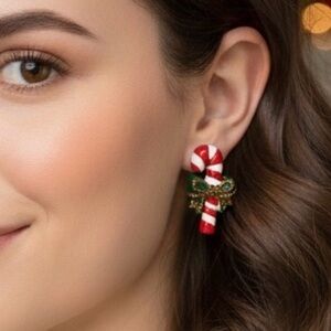 Vintage Candy Cane Christmas Stud Earrings Red Green Gold